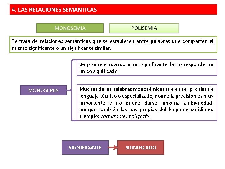 4. LAS RELACIONES SEMÁNTICAS Se trata de relaciones semánticas que se establecen entre palabras