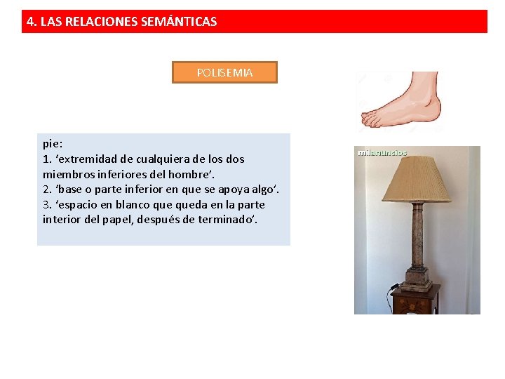 4. LAS RELACIONES SEMÁNTICAS POLISEMIA pie: 1. ‘extremidad de cualquiera de los dos miembros