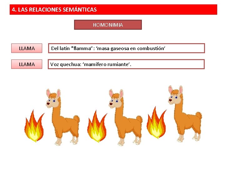 4. LAS RELACIONES SEMÁNTICAS HOMONIMIA LLAMA Del latín "flamma”: ‘masa gaseosa en combustión’ LLAMA