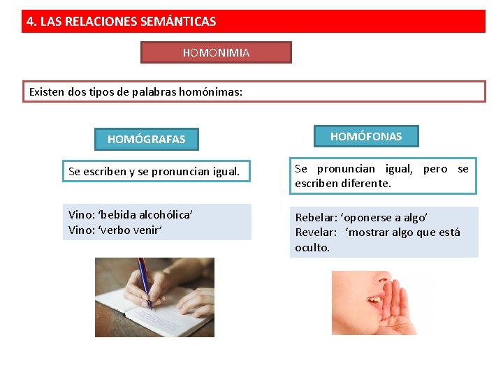 4. LAS RELACIONES SEMÁNTICAS HOMONIMIA Existen dos tipos de palabras homónimas: HOMÓGRAFAS HOMÓFONAS Se