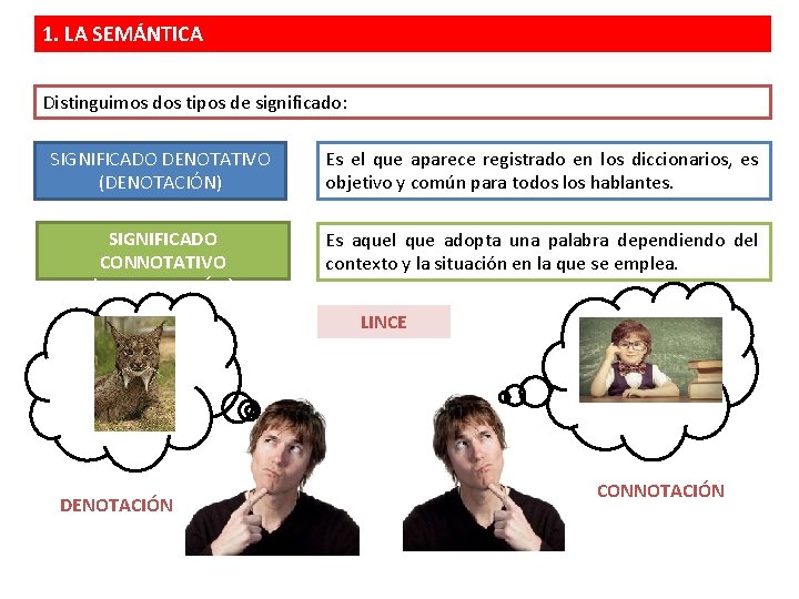 1. LA SEMÁNTICA Distinguimos dos tipos de significado: SIGNIFICADO DENOTATIVO (DENOTACIÓN) Es el que