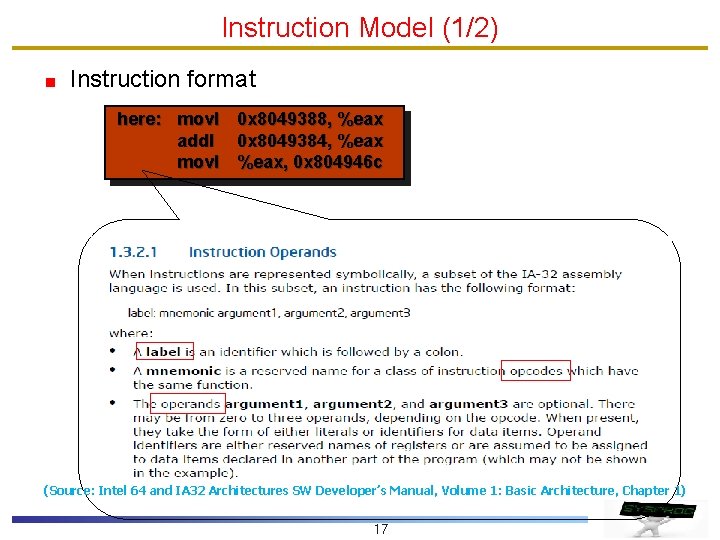 Instruction Model (1/2) Instruction format here: movl 0 x 8049388, %eax addl 0 x