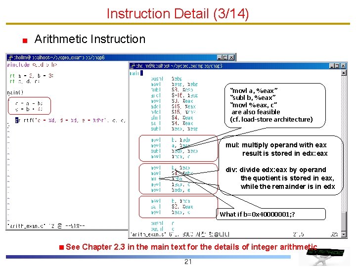 Instruction Detail (3/14) Arithmetic Instruction “movl a, %eax” “subl b, %eax” “movl %eax, c”