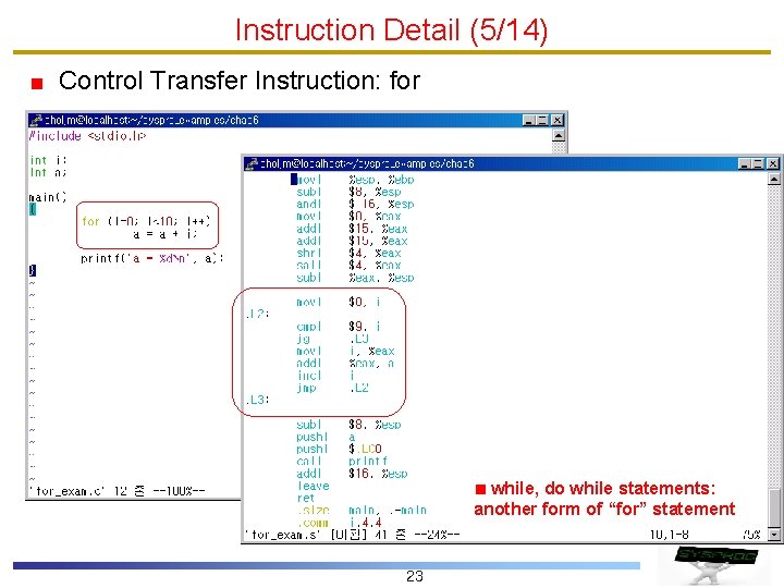 Instruction Detail (5/14) Control Transfer Instruction: for while, do while statements: another form of