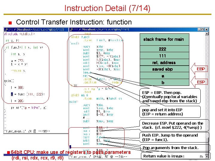 Instruction Detail (7/14) Control Transfer Instruction: function stack frame for main 222 111 ret.