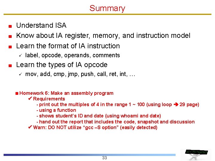 Summary Understand ISA Know about IA register, memory, and instruction model Learn the format