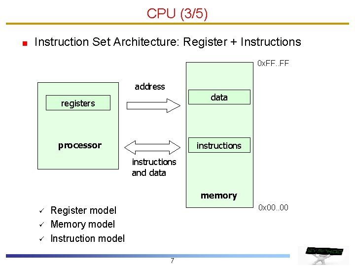 CPU (3/5) Instruction Set Architecture: Register + Instructions 0 x. FF address data registers