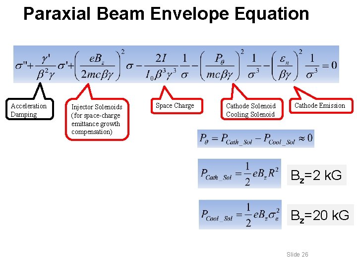 Paraxial Beam Envelope Equation Acceleration Damping Injector Solenoids (for space-charge emittance growth compensation) Space