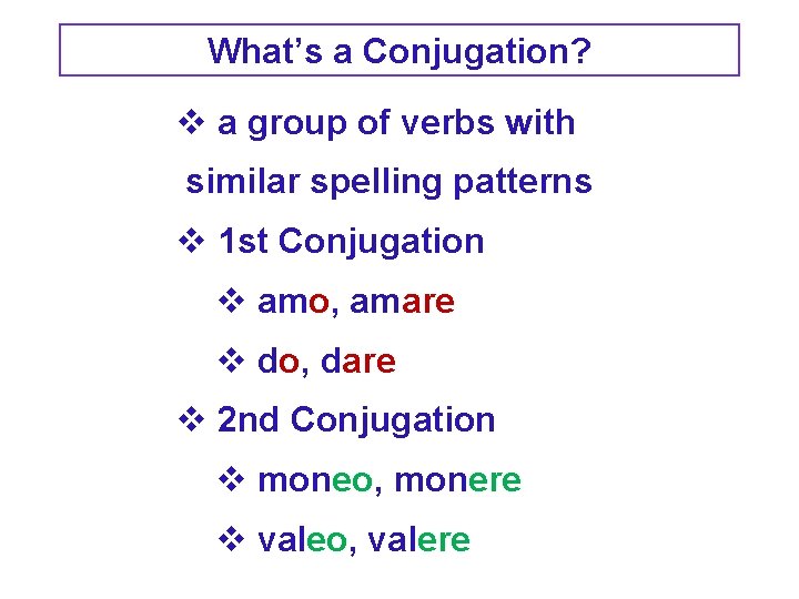 What’s a Conjugation? v a group of verbs with similar spelling patterns v 1 What’s a Conjugation? v a group of verbs with similar spelling patterns v 1