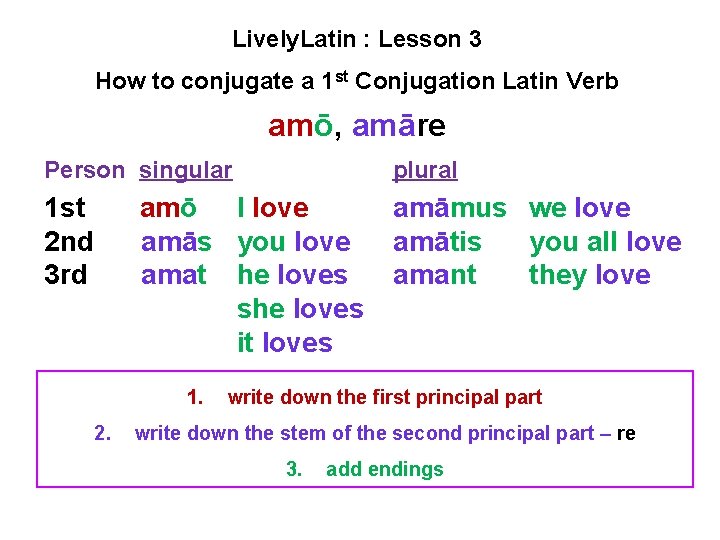 Lively. Latin : Lesson 3 How to conjugate a 1 st Conjugation Latin Verb Lively. Latin : Lesson 3 How to conjugate a 1 st Conjugation Latin Verb