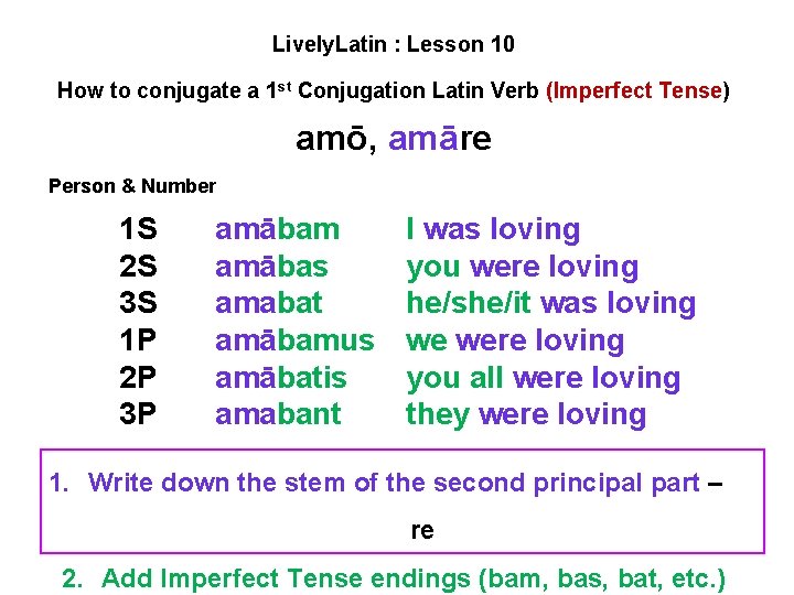 Lively. Latin : Lesson 10 How to conjugate a 1 st Conjugation Latin Verb Lively. Latin : Lesson 10 How to conjugate a 1 st Conjugation Latin Verb