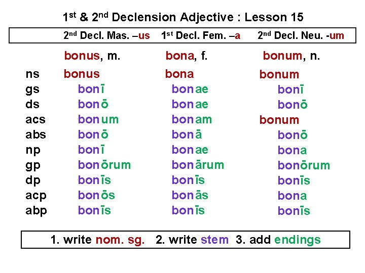1 st & 2 nd Declension Adjective : Lesson 15 2 nd Decl. Mas. 1 st & 2 nd Declension Adjective : Lesson 15 2 nd Decl. Mas.