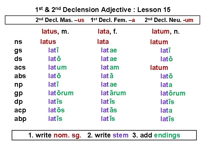 1 st & 2 nd Declension Adjective : Lesson 15 2 nd Decl. Mas. 1 st & 2 nd Declension Adjective : Lesson 15 2 nd Decl. Mas.