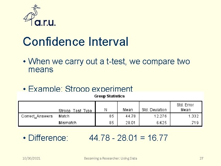 Confidence Interval • When we carry out a t-test, we compare two means •
