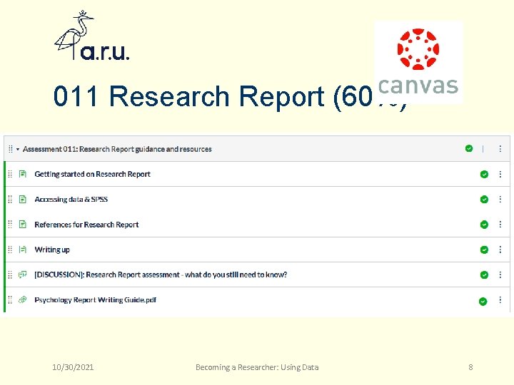 011 Research Report (60%) 10/30/2021 Becoming a Researcher: Using Data 8 
