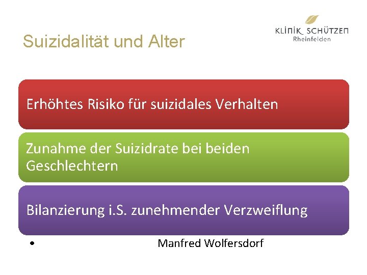 Suizidalität und Alter Erhöhtes Risiko für suizidales Verhalten Zunahme der Suizidrate beiden Geschlechtern Bilanzierung