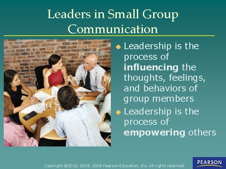 Leaders in Small Group Communication Leadership is the process of influencing the thoughts, feelings,