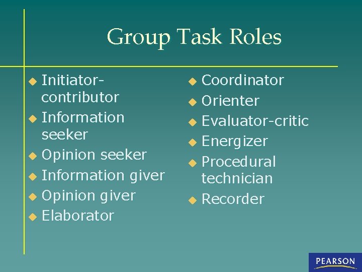 Group Task Roles Initiatorcontributor u Information seeker u Opinion seeker u Information giver u