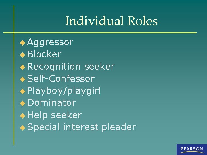 Individual Roles u Aggressor u Blocker u Recognition seeker u Self-Confessor u Playboy/playgirl u