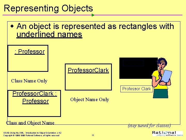 Representing Objects w An object is represented as rectangles with underlined names : Professor