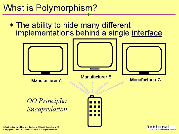 What is Polymorphism? w The ability to hide many different implementations behind a single