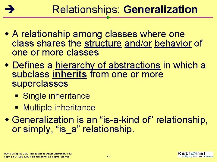  Relationships: Generalization w A relationship among classes where one class shares the structure