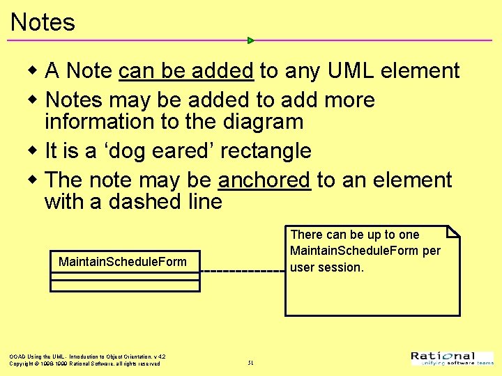 Notes w A Note can be added to any UML element w Notes may