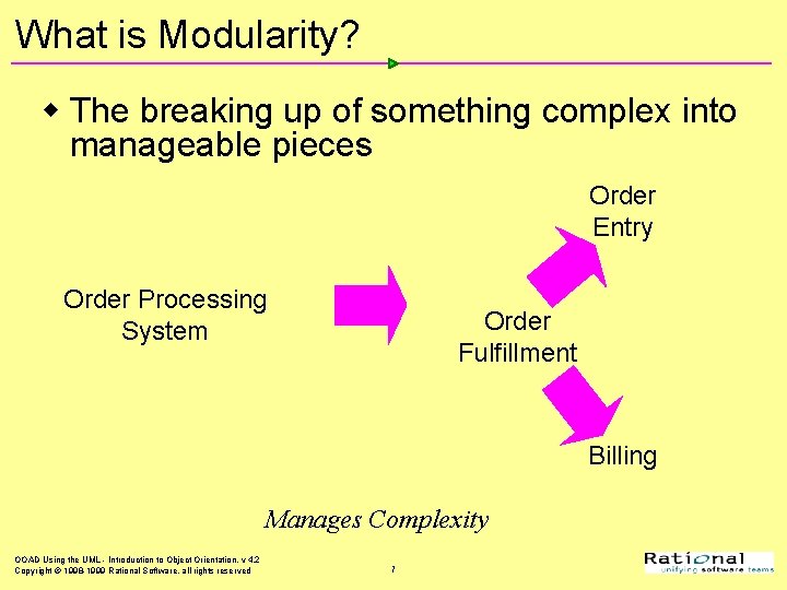 What is Modularity? w The breaking up of something complex into manageable pieces Order