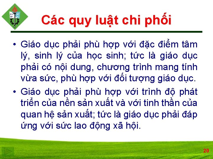 Các quy luật chi phối • Giáo dục phải phù hợp với đặc điểm