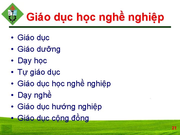 Giáo dục học nghề nghiệp • • Giáo dục Giáo dưỡng Dạy học Tự