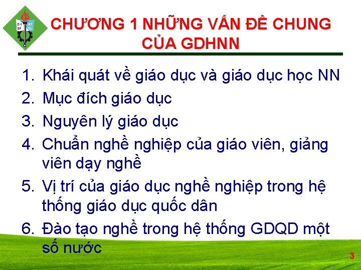 CHƯƠNG 1 NHỮNG VẤN ĐỀ CHUNG CỦA GDHNN 1. 2. 3. 4. Khái quát