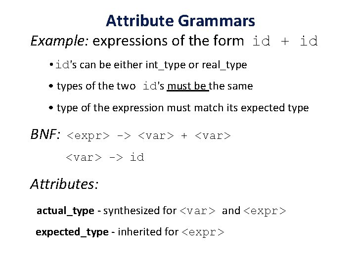 Attribute Grammars Example: expressions of the form id + id • id's can be