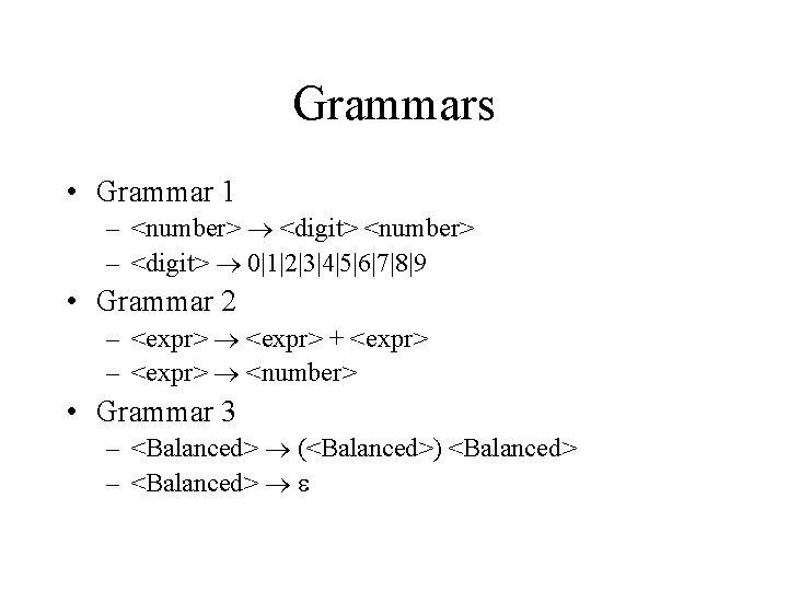 Grammars • Grammar 1 – <number> <digit> <number> – <digit> 0|1|2|3|4|5|6|7|8|9 • Grammar 2