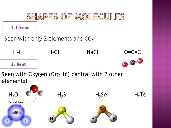 1. Linear Seen with only 2 elements and CO 2 H-H H-Cl Na. Cl