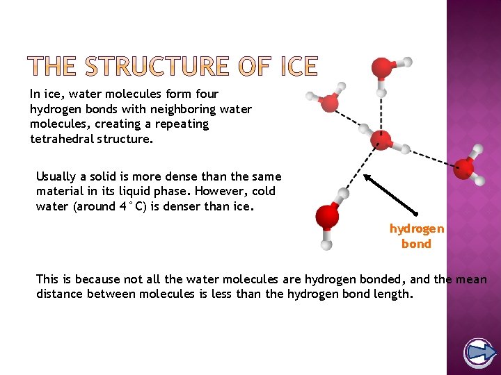 In ice, water molecules form four hydrogen bonds with neighboring water molecules, creating a