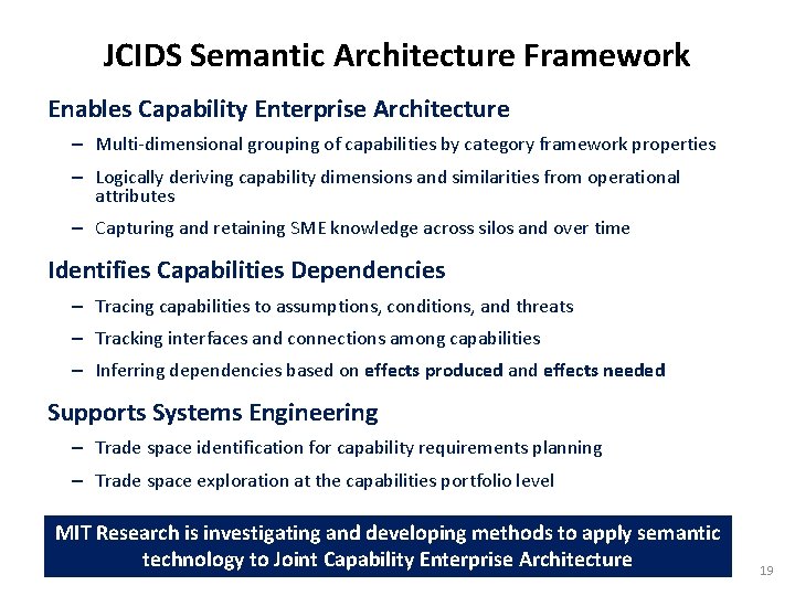 JCIDS Semantic Architecture Framework Enables Capability Enterprise Architecture – Multi-dimensional grouping of capabilities by