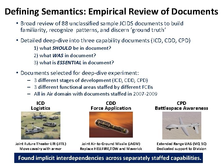 Defining Semantics: Empirical Review of Documents • Broad review of 88 unclassified sample JCIDS
