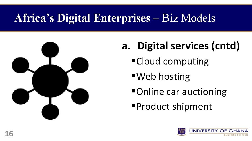 Africa’s Digital Enterprises – Biz Models a. Digital services (cntd) §Cloud computing §Web hosting