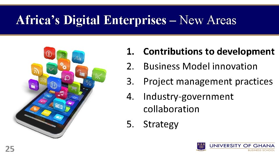 Africa’s Digital Enterprises – New Areas 1. 2. 3. 4. Contributions to development Business