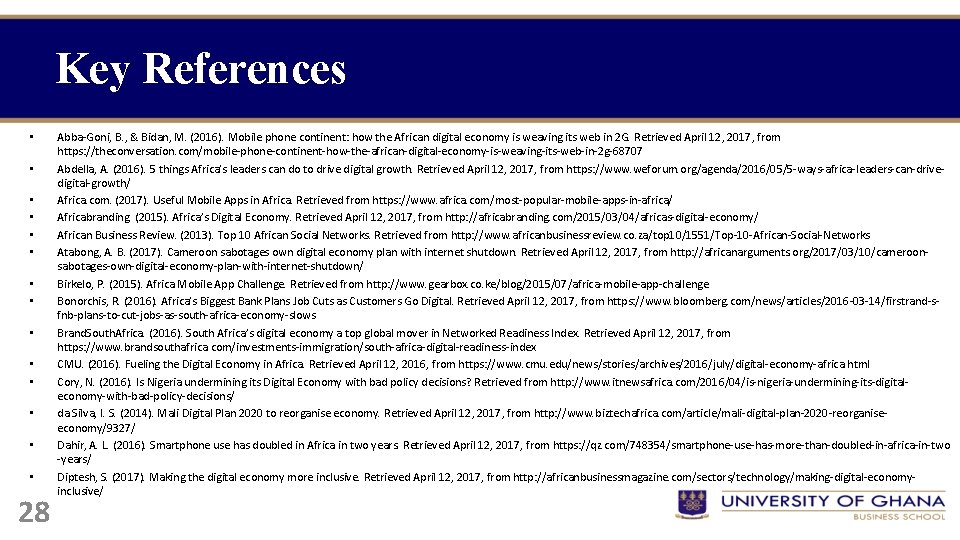 Key References • • • • 28 Abba-Goni, B. , & Bidan, M. (2016).