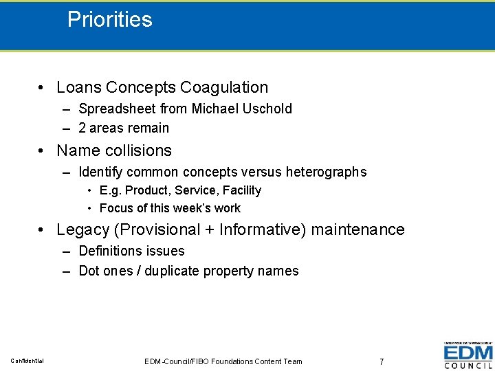 Priorities • Loans Concepts Coagulation – Spreadsheet from Michael Uschold – 2 areas remain