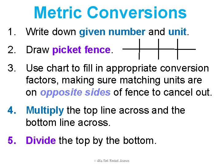 Metric Conversions 1. Write down given number and unit. 2. Draw picket fence. 3. Metric Conversions 1. Write down given number and unit. 2. Draw picket fence. 3.