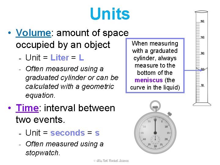 Units • Volume: amount of space occupied by an object - Unit = Liter Units • Volume: amount of space occupied by an object - Unit = Liter