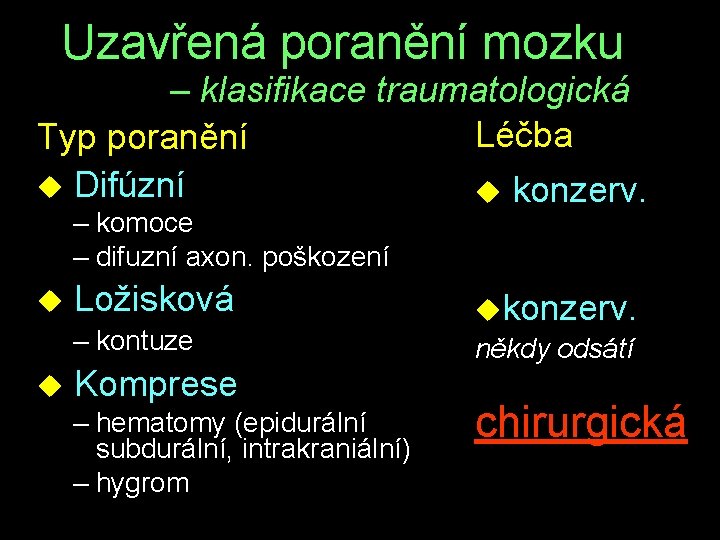 Uzavřená poranění mozku – klasifikace traumatologická Léčba Typ poranění u Difúzní u konzerv. –