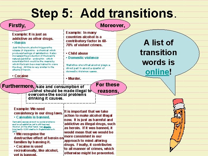 Step 5: Add transitions. Firstly, Moreover, Example: It is just as addictive as other