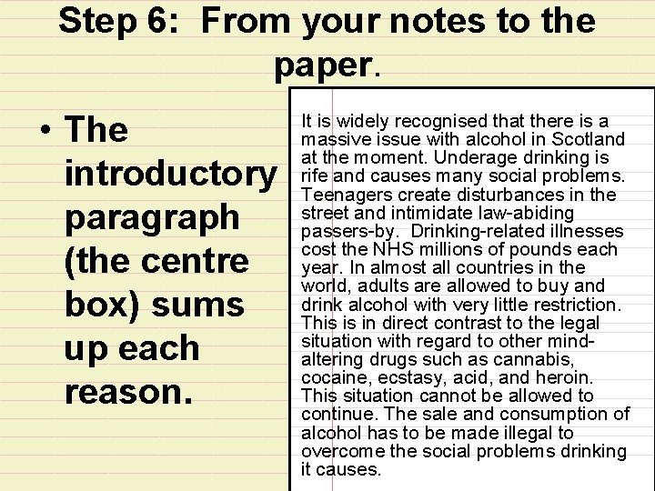 Step 6: From your notes to the paper. • The introductory paragraph (the centre