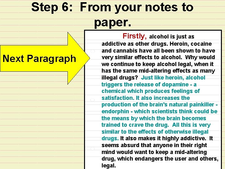 Step 6: From your notes to paper. Firstly, alcohol is just as Next Paragraph
