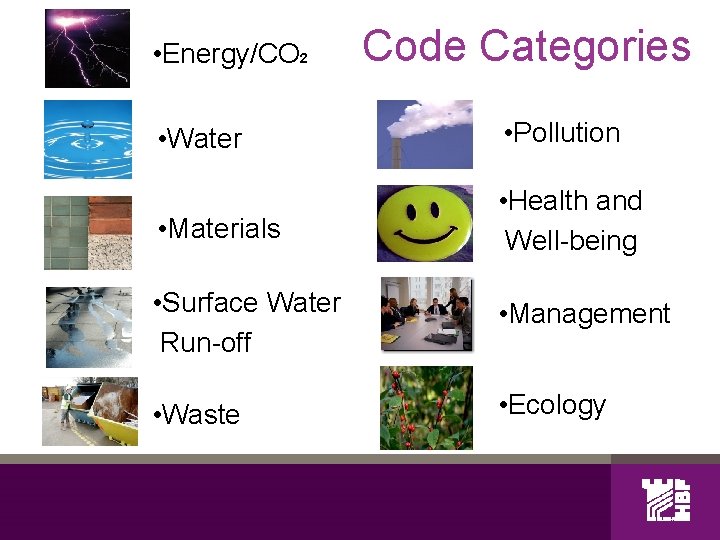  • Energy/CO 2 Code Categories • Water • Pollution • Materials • Health