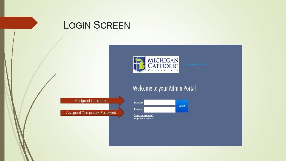 LOGIN SCREEN Assigned Username Assigned Temporary Password 