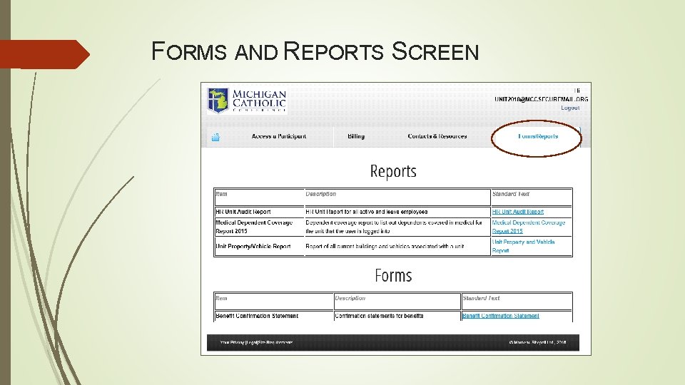 FORMS AND REPORTS SCREEN 